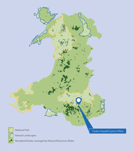Map of Wales showing the national parks, natural landscapes, woodland estate managed by Natural Resource Wales and where the Trydan Gwyrdd Cymru's office is in Merthyr Tydfil